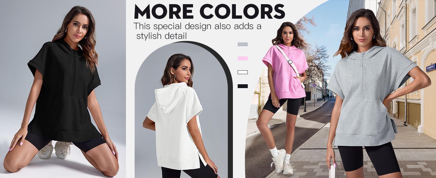 FISOEW Womens Oversized Half Zip Hoodies Short Sleeve Casual Sweatshirts Pullover Tops with Pockets Leggings Loose Aesthetic parke mockneck sweatshirt comfort sweatshirts denim tear hoodie FallFreshness #Springtok #TikTokShopJumpstartSale