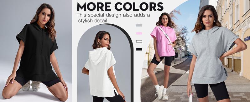 FISOEW Womens Oversized Half Zip Hoodies Short Sleeve Casual Sweatshirts Pullover Tops with Pockets Leggings Loose Aesthetic parke mockneck sweatshirt comfort sweatshirts denim tear hoodie FallFreshness #Springtok #TikTokShopJumpstartSale