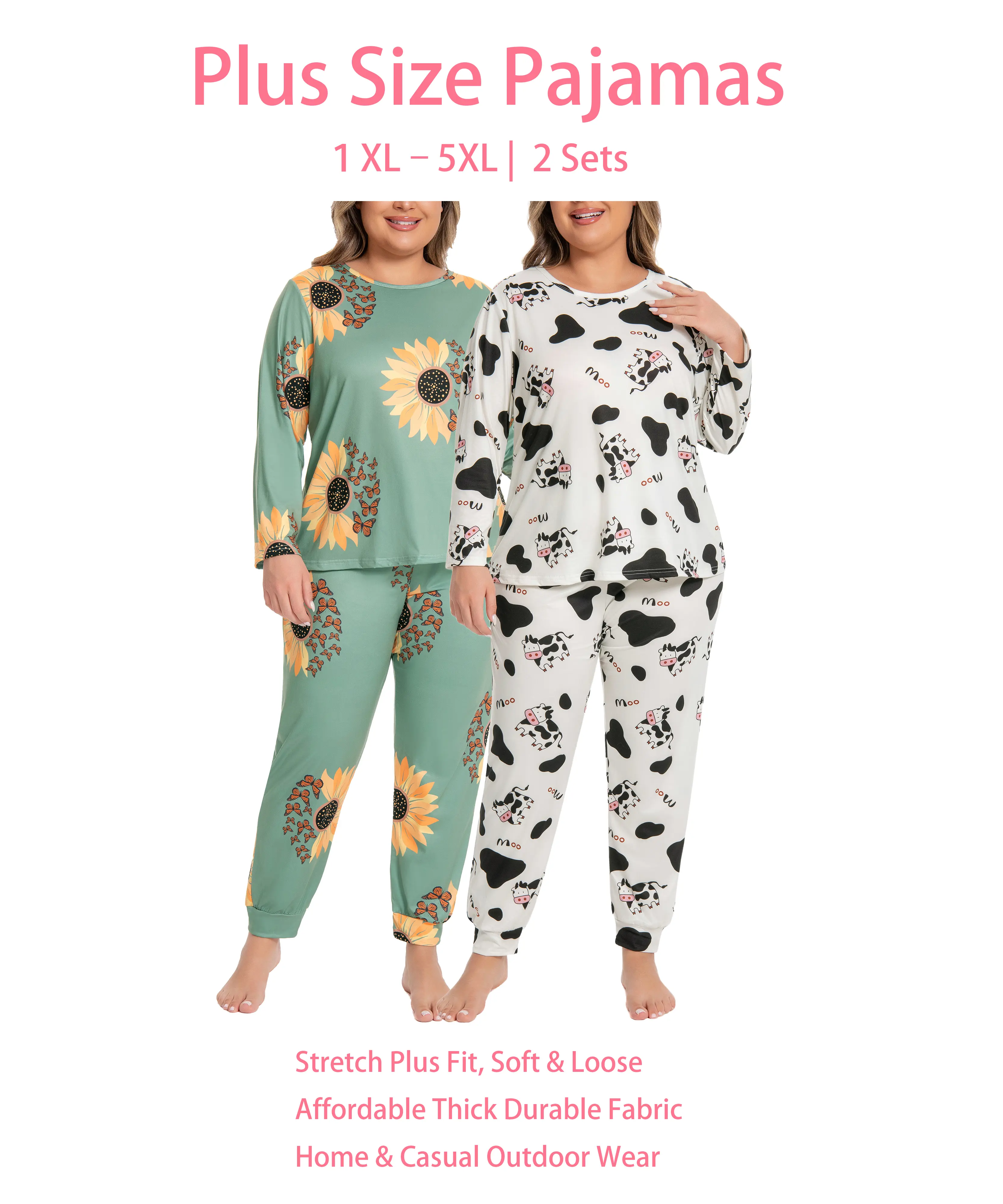 Plus Size 1XL-5XL Women's 2-sets Cow & Sunflower Print Pajama Set | Long-Sleeve Top & Full-Length Pants | Soft Breathable Loungewear