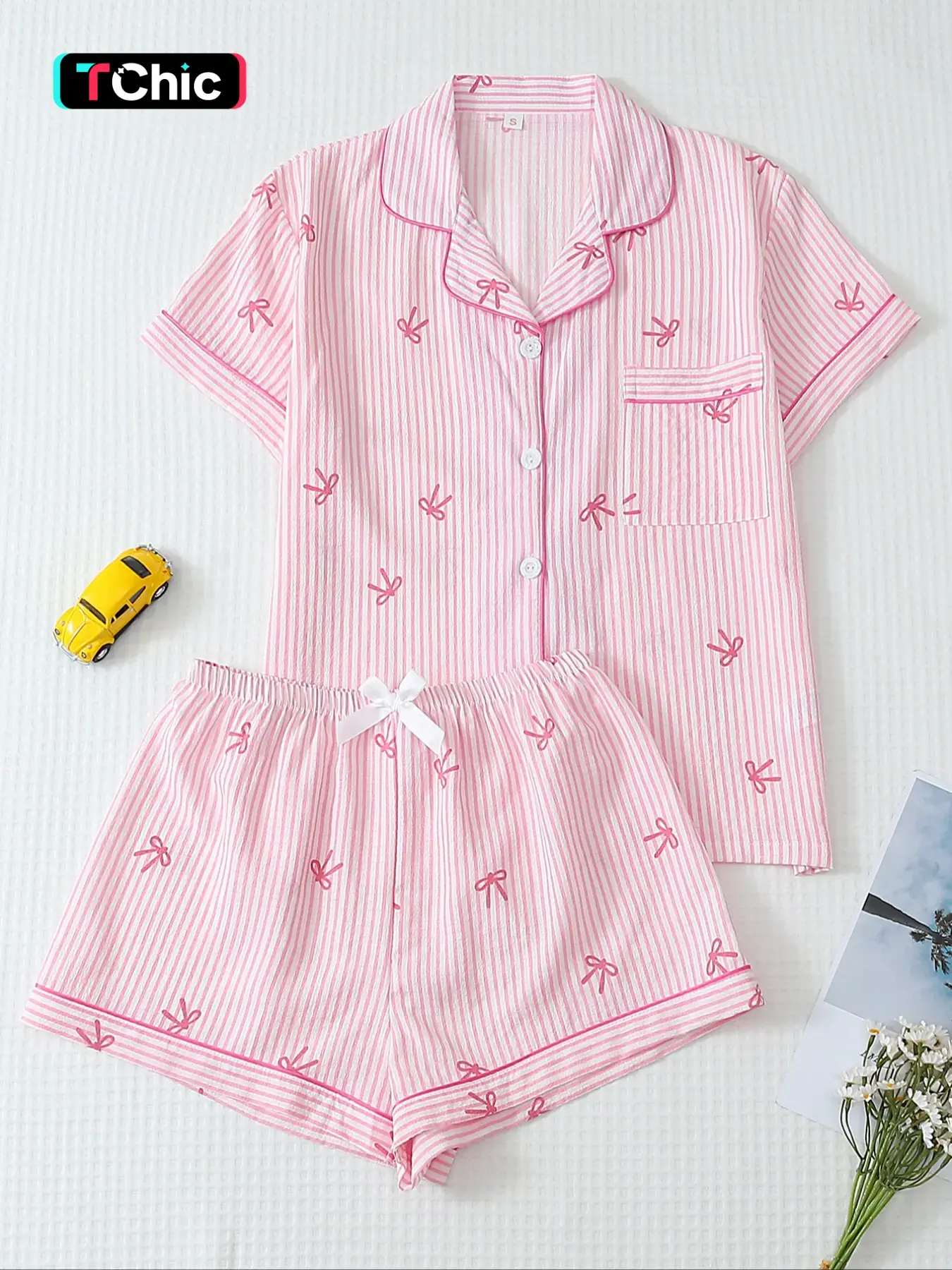 Women's Bow Print Stripe Shirt & Shorts Pyjama, Casual Comfy Short Sleeve Woven Pj Set, Ladies Sleepwear for Summer, Loungewear, Pajama Set, Nightwear Pajama Set