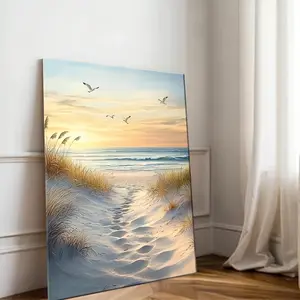A Wooden Frame Painting A Beautiful Painting of The Beach with Dunes And Sea Grasses Suitable As Decorative Art for Living Room Bedroom And Bathroom.	