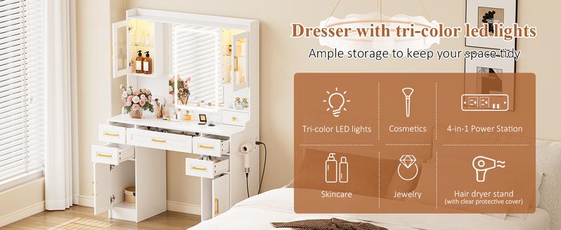 【Valentine's Day gift】Makeup Vanity with HD Mirror, Dressing Table with Adjustable LED Lighting, Vanity Desk Ample Storage & Built-In Power Outlets – Perfect for Beauty Essentials and Home Use