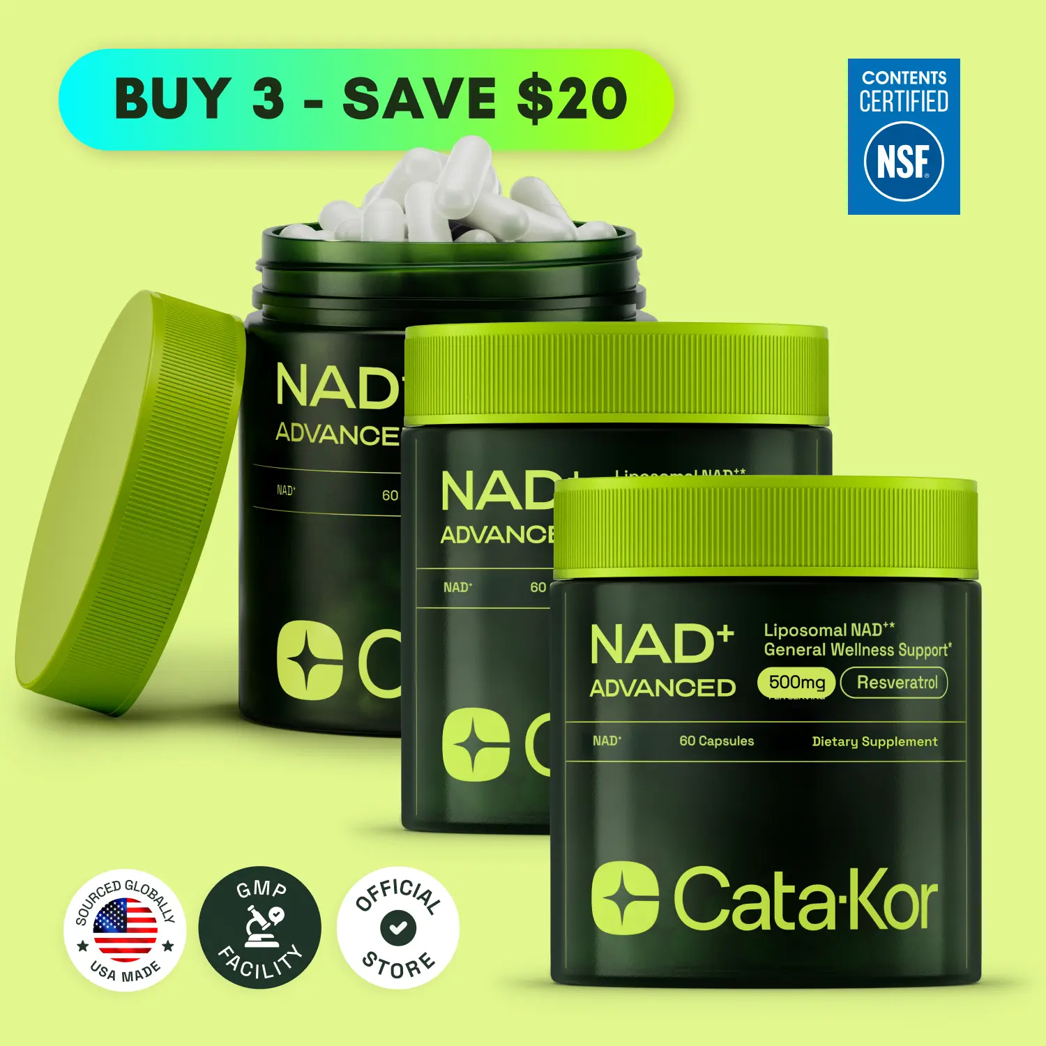 3x Cata-Kor NAD+ Advanced 500mg  - NAD Supplement with Resveratrol - 180 Capsules