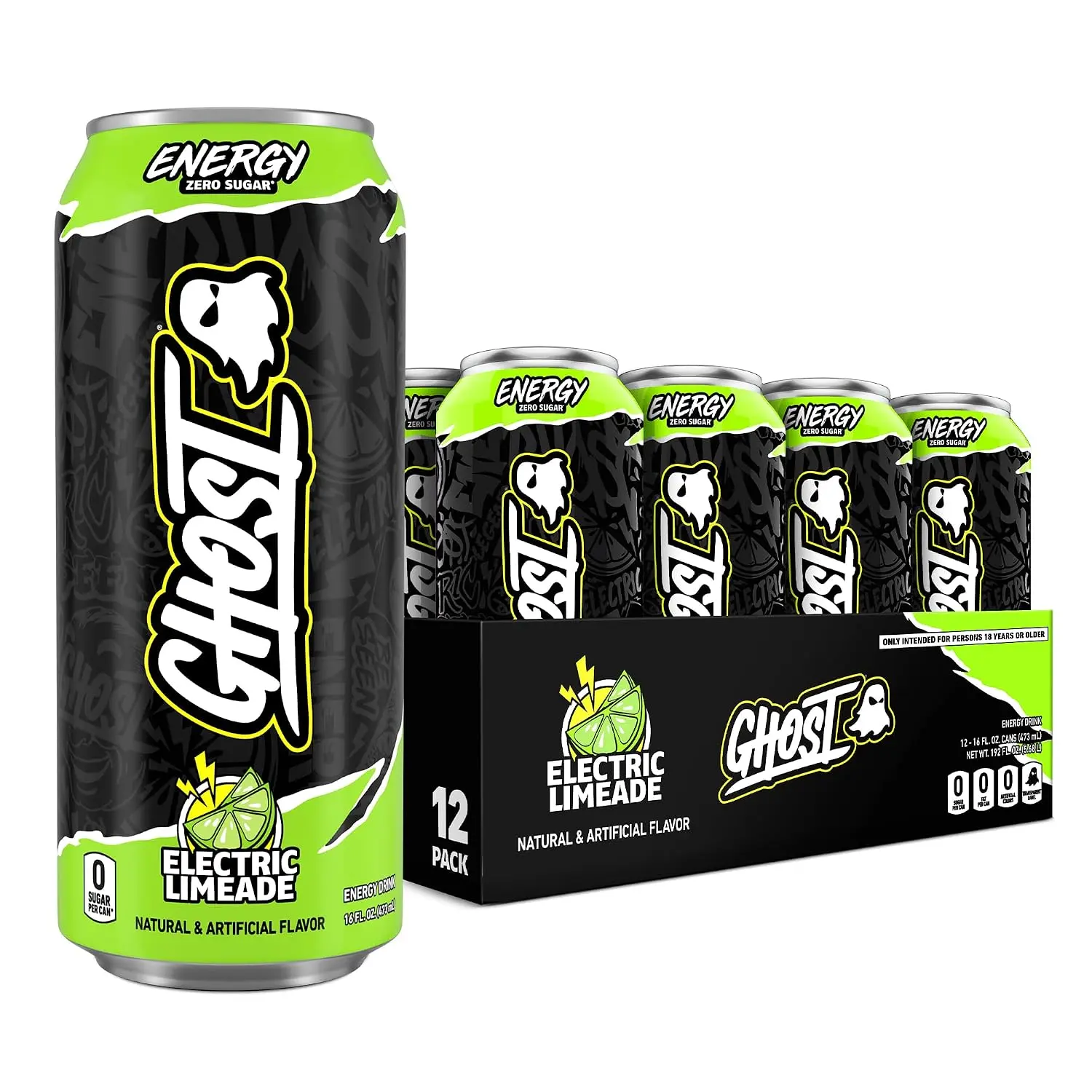 GHOST Energy Drink Beverage - 12-Pack 16oz Cans, Electric Limeade Flavor - 200mg Natural Caffeine, L-Carnitine, Taurine - Energy, Focus Support - No Artificial Colors - Gluten-Free, Vegan