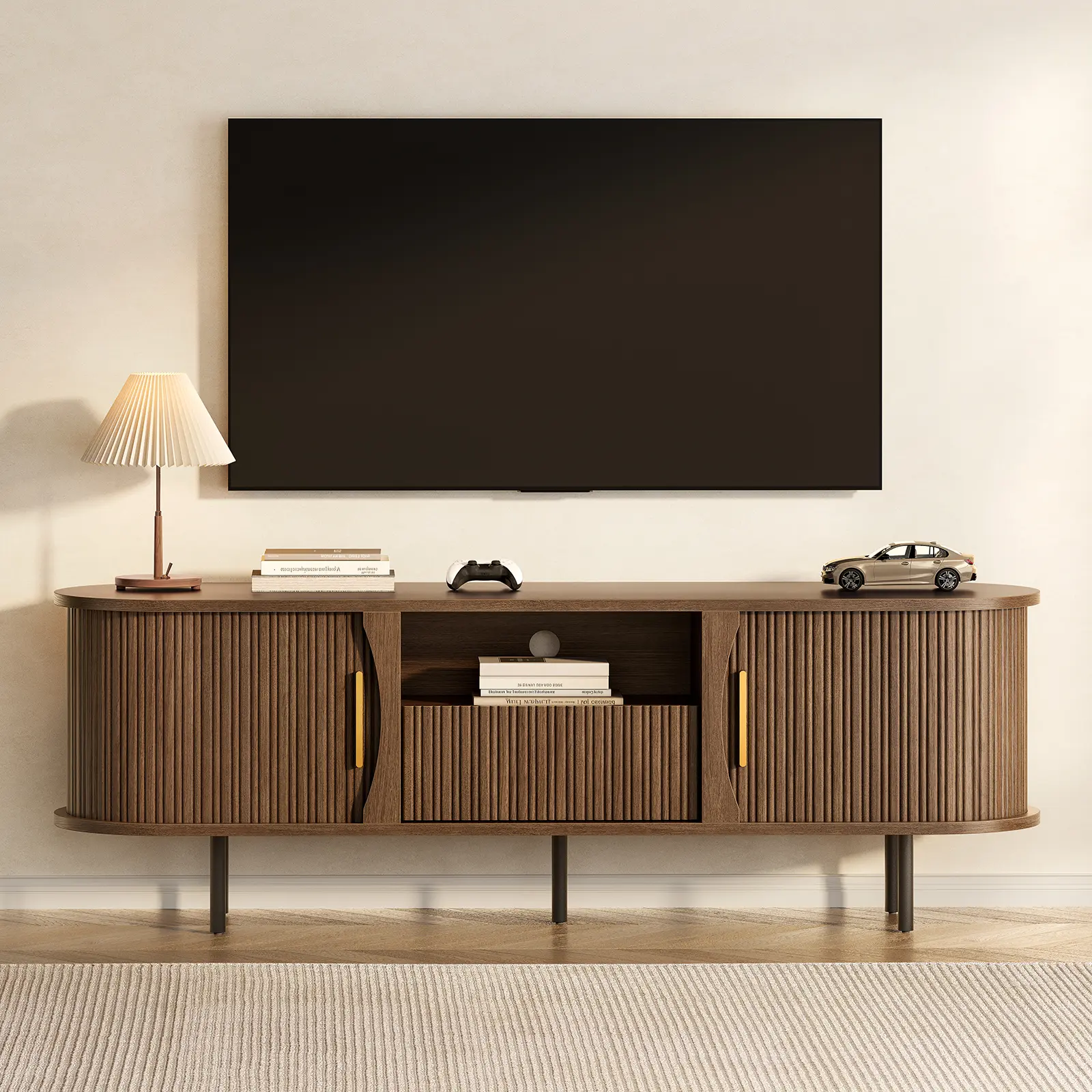 Sikaic 63 Inch Mid-Century TV Stand with Storage, Fluted Media Console with Sliding Doors and Drawer, TV Cabinet for up to 65 Inch TV, Walnut Brown, Home Furniture, Dorm Essentials [tiktokshopbacktoschool]