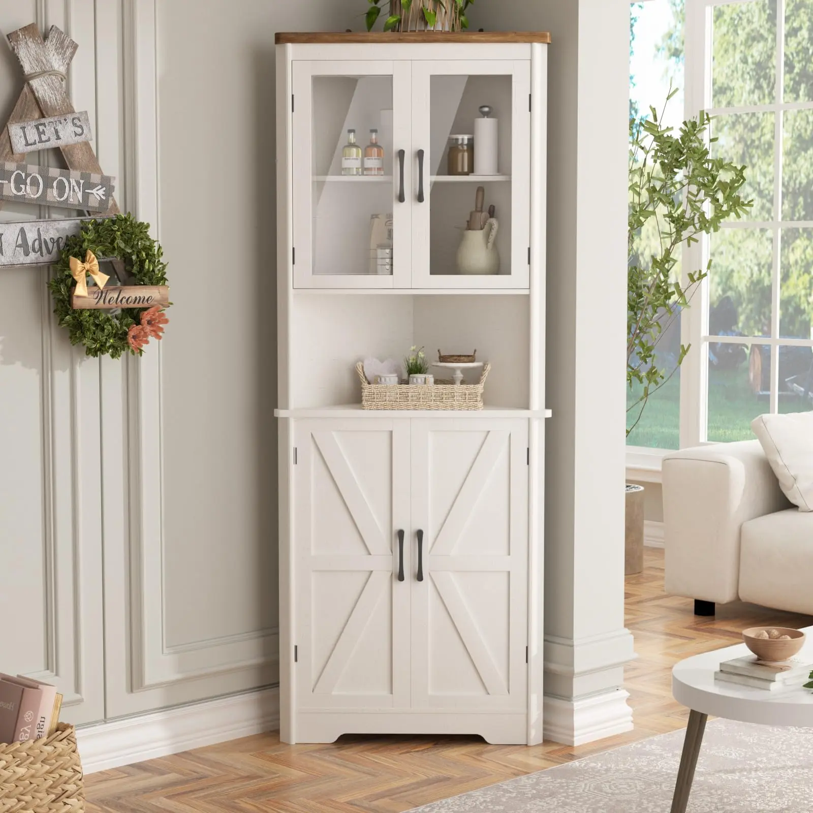 [tiktokshopbacktoschool] Vabches 67''H Freestanding Cupboard, Farmhouse Narrow Corner Storage Cabinet with 4 Tempered Glass Doors, Barn Doors & 5 Adjustable Shelves, Furniture for Kitchen, Sideboard Storage Cabinet for Bathroom, Living Room