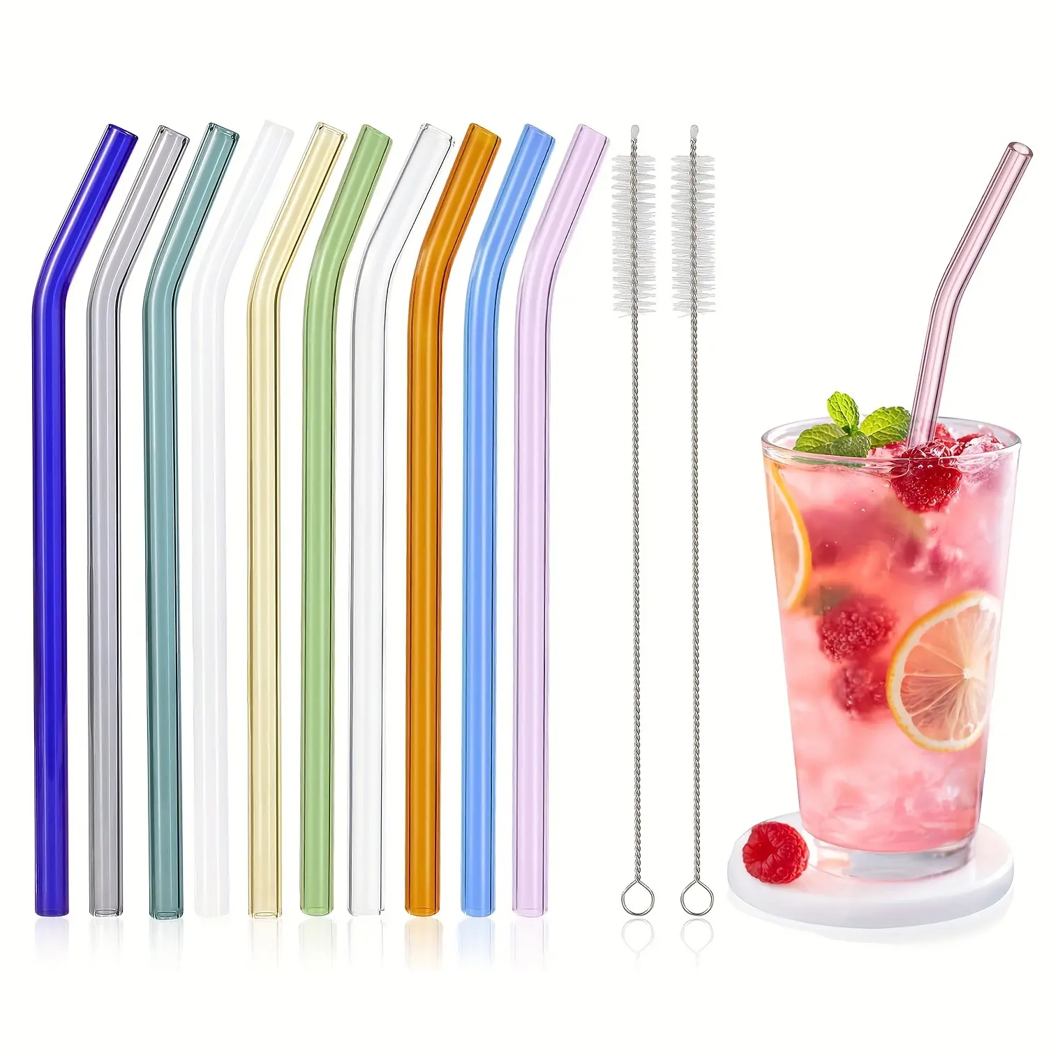 Food Grade Shatterproof Reusable Multicolor Transparent 8x8mm Glass Drinking Straw Set (10-Piece, 8in) with 2 Cleaning Brushes, Kitchenware Drinkware Accessory for Restaurants, Cocktails
