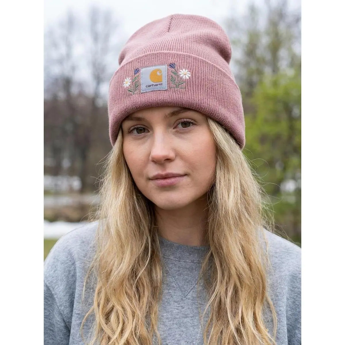 Floral Embroidered Blush Beanie – Soft Knit Winter Hat with Delicate Pastel Stitching