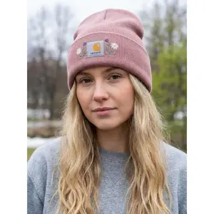Floral Embroidered Blush Beanie – Soft Knit Winter Hat with Delicate Pastel Stitching