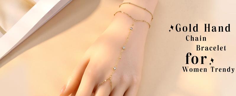 ORAZIO Gold Hand Chain Bracelet for Women Trendy, Dainty 14K Gold Ring Bracelet Hand Chain Finger Ring Stackable Link Bracelets Hand Jewelry Chains for Women Adjustable Waterproof