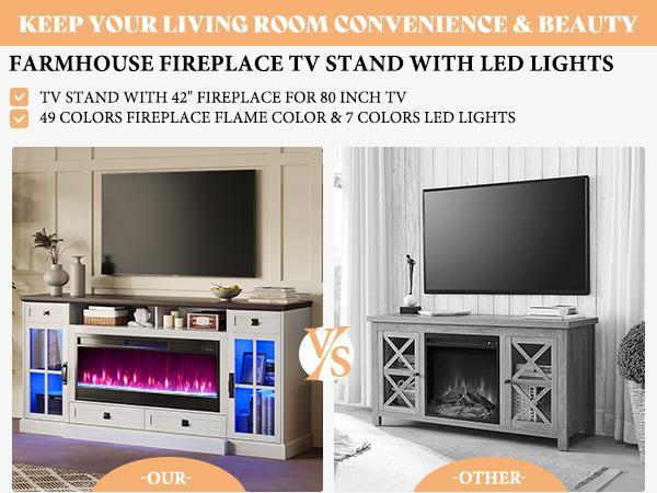 【Ships in 2 Boxes】AMERLIFE 70“ Fireplace TV Stand for 80 Inch TV,Farmhouse TV Stand with 42" Fireplace & LED Lights,Entertainment Center with Storage,Best Gift Ideas/Christmas Gifts