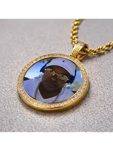 small 35mm Round Gold Memory Men, Women, and Kids Jewelry Picture Pendant Necklace Blanks Custom Photo Pendant Jewelry with Gold Plated and Cubic Zirconia