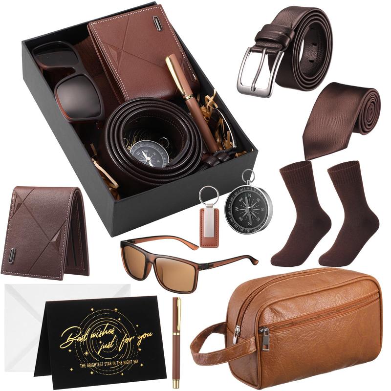 10 Pcs Valentine Gift for Men Dad Gift Set with Leather Tray Tumbler Toiletry Travel Bag Sock Scented Candle Wood Knife, Leather Gift Box From Son Daughter Wife for Father's Day Holiday Anniversary Birthday