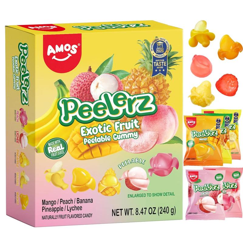 FLASH SALE - AMOS Peelerz Exotic Fruit Peelable Gummy Candy – 5 Fruit Flavors (Mango, Peach, Banana, Pineapple, Lychee), 8.47oz (240g), Individually Wrapped
