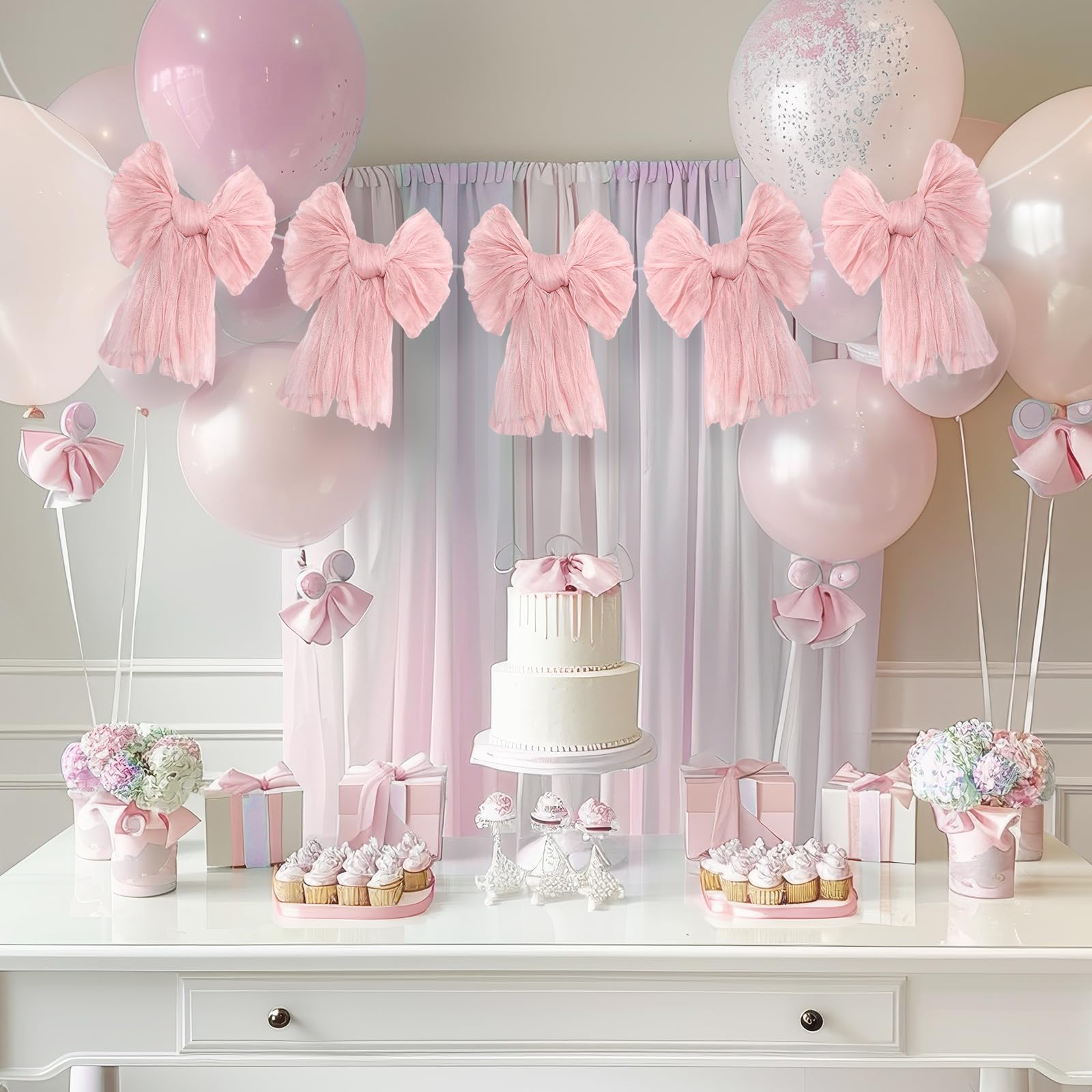 Easter Bow Garland Pastel Fluffy Tulle Satin Bow Banner Bunny Ear Plaid Pink Bow Garland Cute Hanging Wreath Garland for Mantle Fireplace Wall Door Mantel Decor, Spring Indoor Outdoor Home Table Backdrop Easter Decor 2026 Festive Party Supplies & Gifts