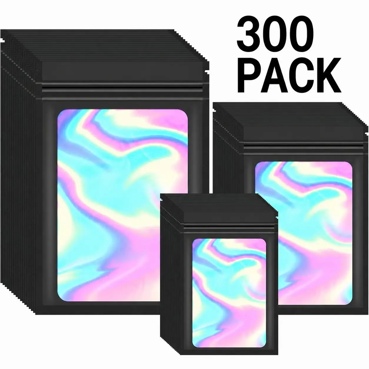 Pack of 300 Holographic Bags Mylar Ziplock Bags Mylar Edibles Pouch with Window Reusable Mylar Bag for Sample Packaging (Black, 3x4.7 Inch / 4x6 Inch / 4.7x7.8 Inch),dorm room inspo,college dorm essentials,dorm haul