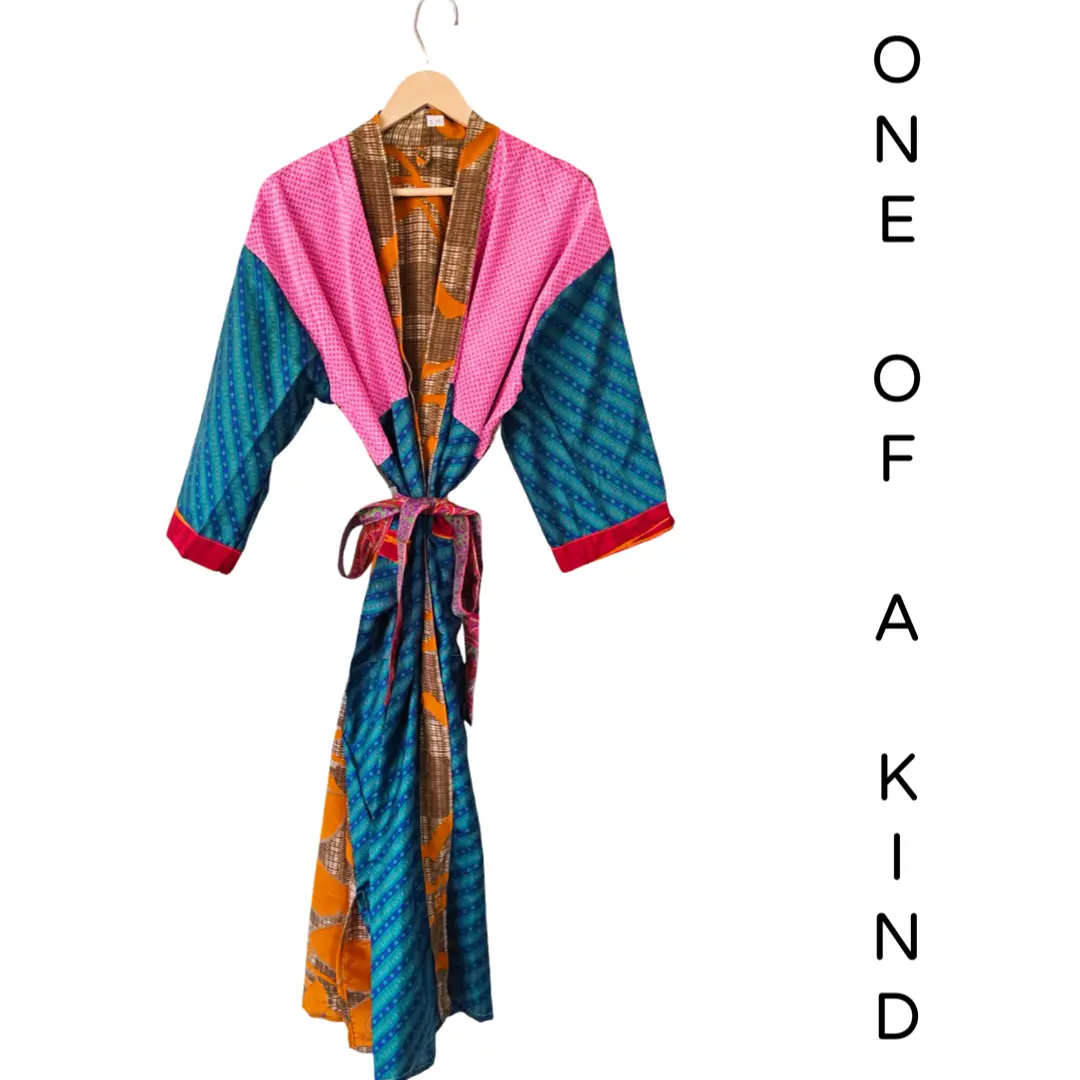 Recycled Silk Vintage Kimono - Pink, Teal, Orange, Red