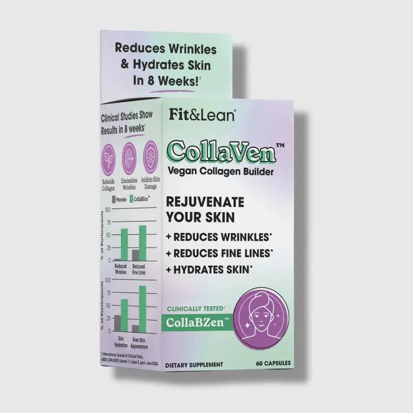 Fit&Lean CollaVen Vegan Collagen Builder Vegan Collagen Builder, Clinically Proven, Vegan, Plant-Based Collagen with Vitamin C for Youthful & Hydrated Skin, Reduces Wrinkles, Boosts Collagen Production, 60 Vegan Capsules