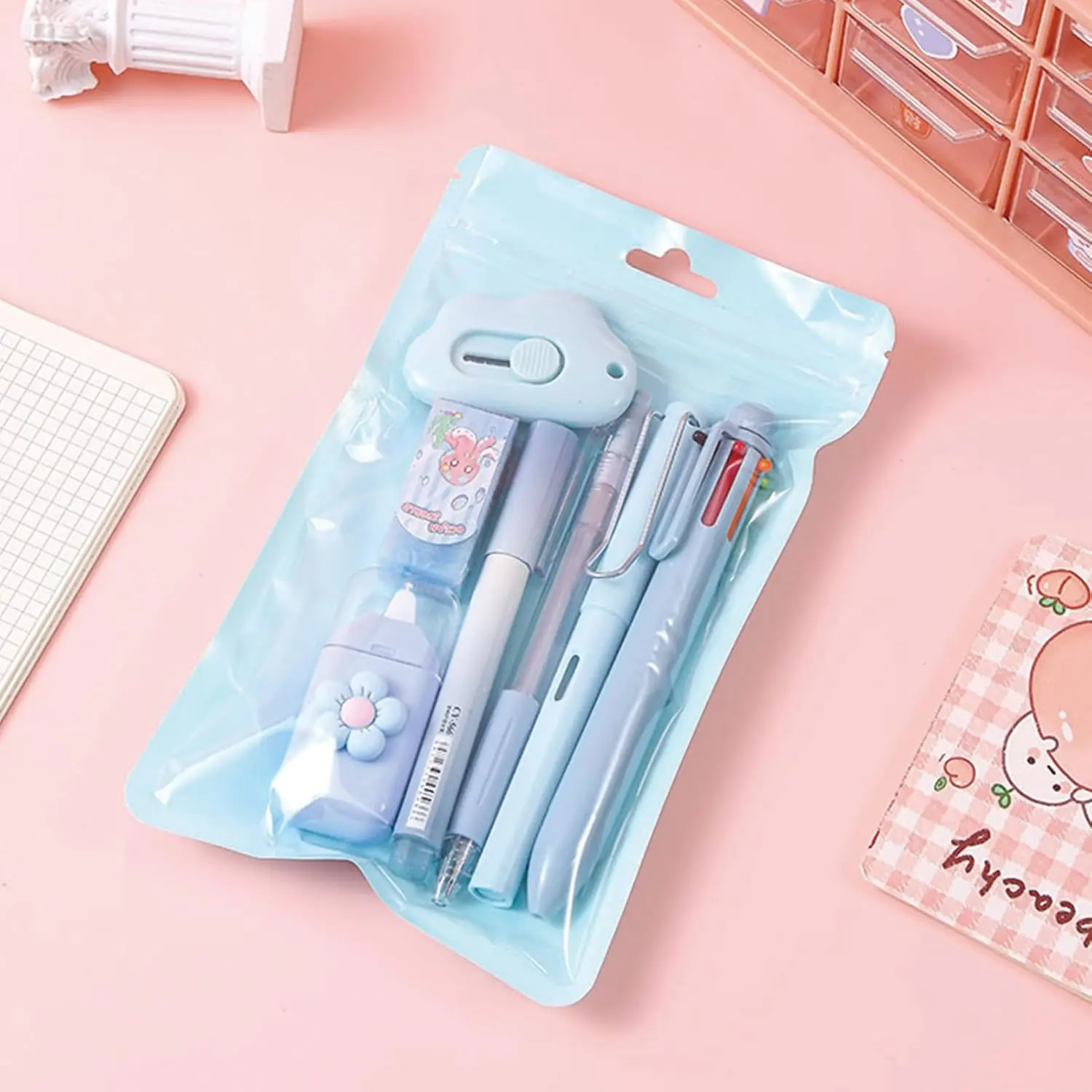 7-Pc Cute Purple Office Supply Kit, Kawaii College School Supplies Including Ballpoint Pens, Pencil Sharpener, Highlighter, Correction Tape, Ruler, Utility Knife - Classroom Learning Gifts for Students