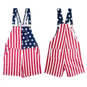 American Flag Stretch Denim Short Overalls for Adults, USA Patriotic Outfit for 4th of July Festivals, Father's Day and World Cup Parties