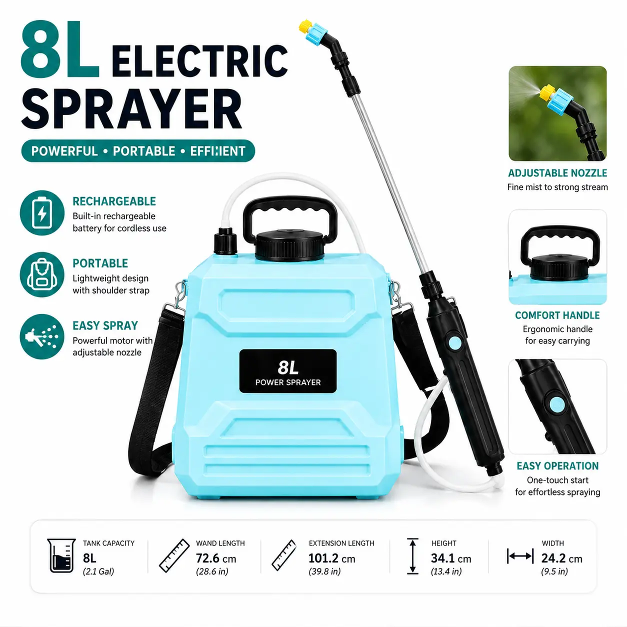 Rechargeable Electric Garden Sprayer (5L-8L) - 5L Capacity, Built-in Rechargeable Battery, Adjustable Nozzle, Extended Spray Pole, Shoulder Strap, Comfortable Handle, Lightweight, Easy Operation for Outdoor Lawn & Plant Care