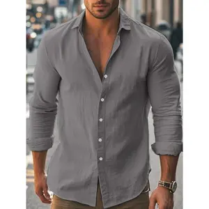 Men's linen button up front shirt, loose long sleeved casual top, breathable, comfortable and fashionable, suitable for outdoor commuting and daily wear