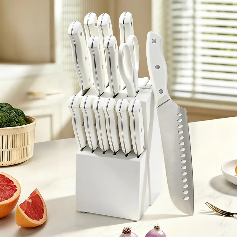 15-Piece Kitchen Knife Set with Wooden Knife Block, Stainless Steel Sharp Cutlery Set, Complete Household Cooking Kitchen Utensils