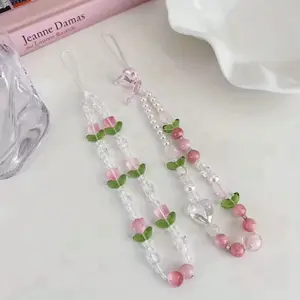 Floral Beaded Phone Charm & Wrist Strap - Lightweight Decorative Accessory with Soft Floral Details and Clear Beads for Easy Attachment Aesthetic