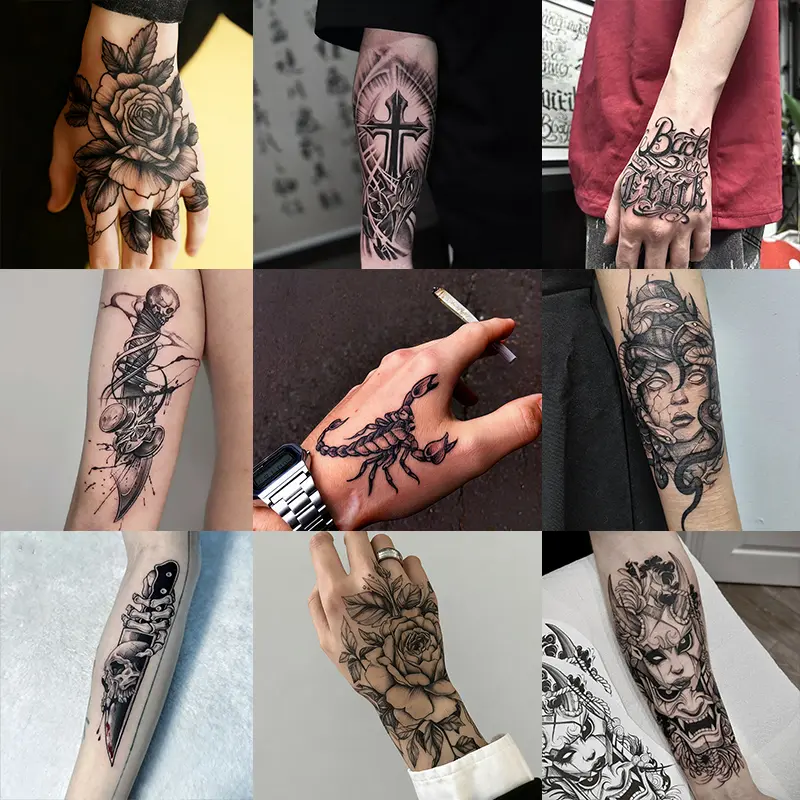 9 large herbal-themed temporary tattoo stickers,including designs with cross elements and more, lasting7-15 days, waterproof and abrasion-resistant, realisticeffect, suitable for those who are afraid of pain and don'twant a real tattoo.