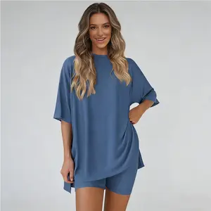 Crewneck Two-Piece Set For Women Summer Casual Oversized Split Hem Shirts & Side Pocket Biker Shorts Minimalist Lounge Wear Soft Viscose Fabric Comfy Homewear Cozy Pjs