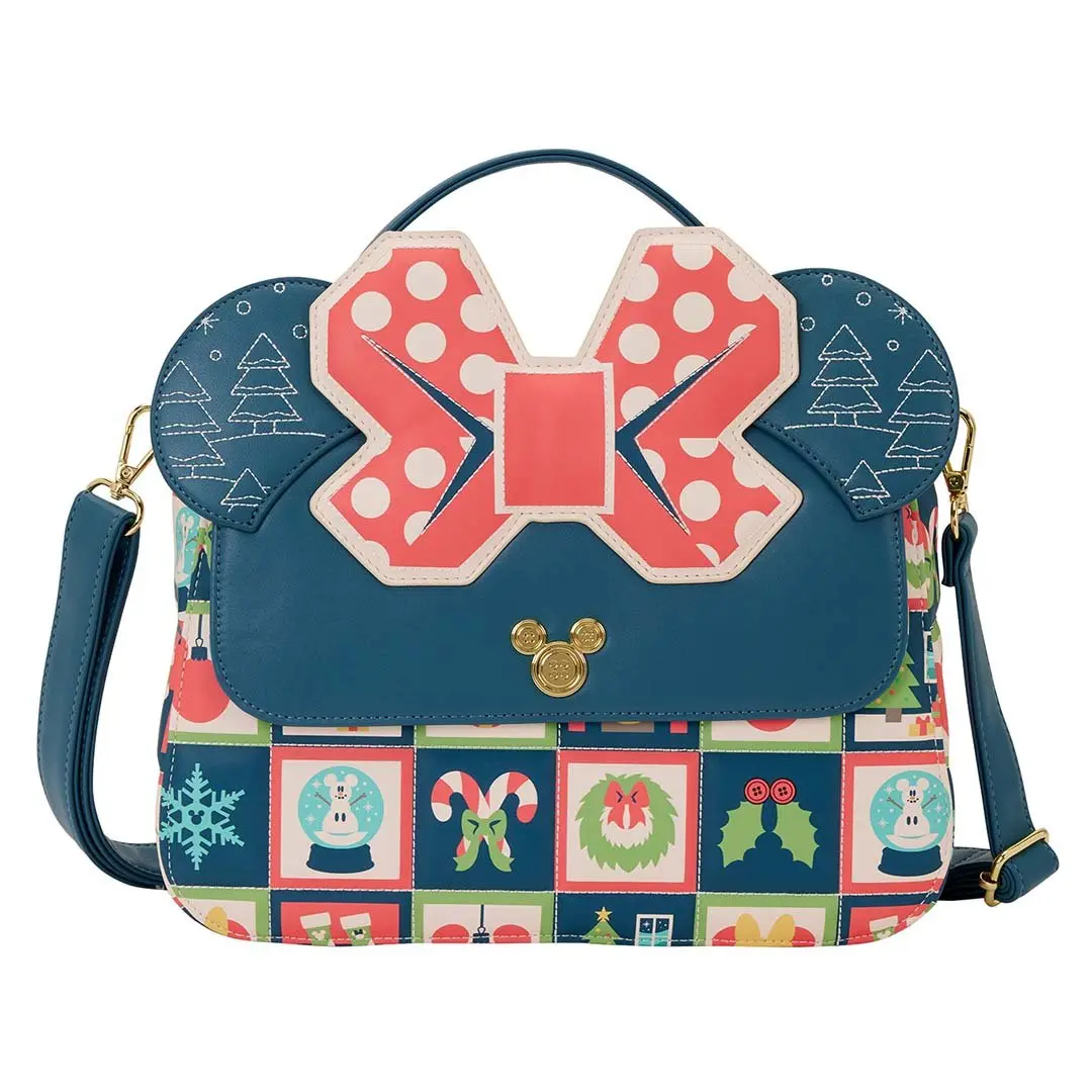 Loungefly Women's Disney Minnie Mouse Holiday All-Over Graphic Crossbody Shoulder Bag - Casual Quilted Faux Leather Purse with Applique Minnie Ears, Adjustable Strap, All Over Print, Cute, Debossed, Basic, Zipper