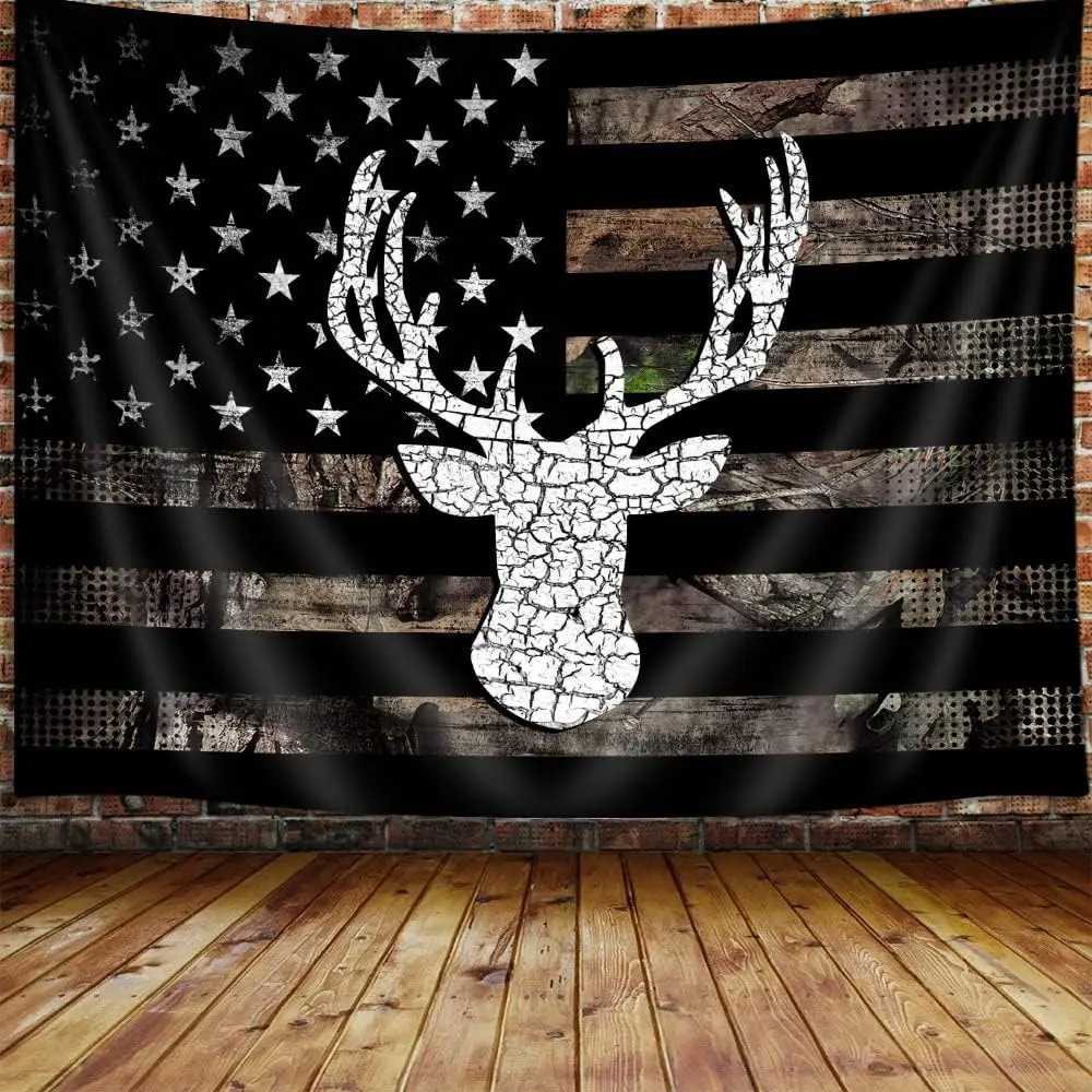 American Flag Hunting Tapestry - Western Deer Art with Deer-Hunt Motif, Rustic Camo Wall Hanging for Men's Bedroom, 60x40 in Rustic Room Boost Indoor Home Decor Poster Blanket by summerwins, 30*40 Inch, Black And White