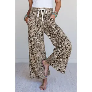 Khaki Animal Print Wide Leg Terry Knit Pants