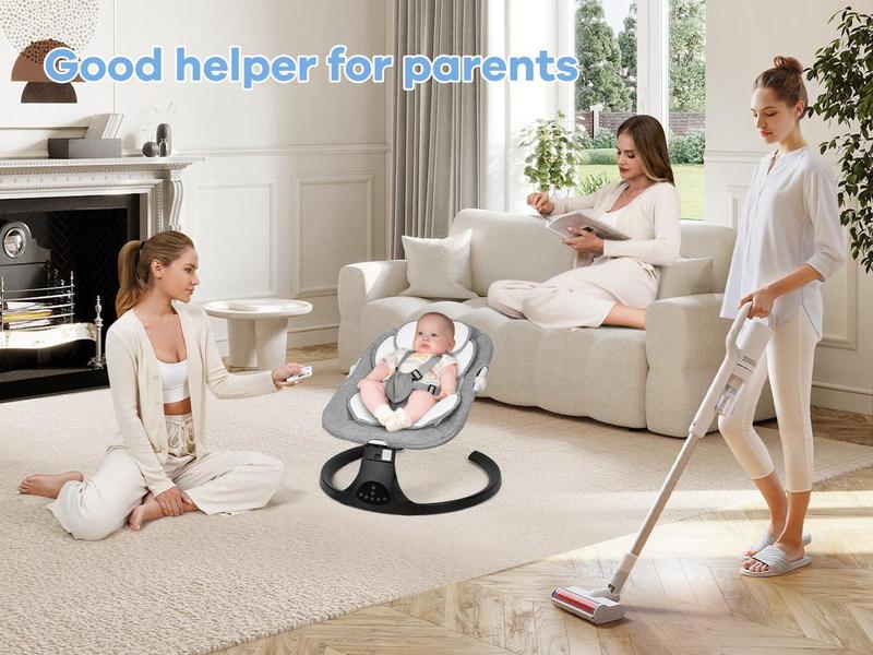 Baby electric rocking chair, electric baby swing, 5 speeds, 10 melodies, Adapter and screw battery ,  Suitable for indoor use,New generation grey remote control, comfortable and relaxing atmosphere，Portable Swing for Baby Boy Girl