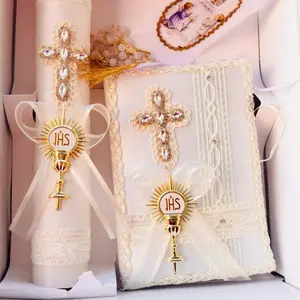 First Communion Candle Set with 8”Candle, Rosary, New Testament & Decorative Elements in Box for Boys and Girls English & Spanish Ivory