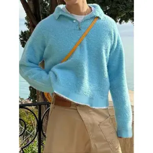 Unisex Men's Contrast Binding Zipper Polo Collar Sweater, Loose Casual Long Sleeve Jumper for Fall & Winter, Men's Knitwear for Daily Wear