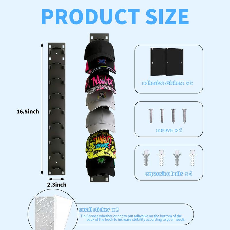 2  Hat Organizer for Baseball Caps, Hat Rack for Wall with Strong Adhesive Hold up to 18 Hats, Hat Hanger Strong Adhesive/Wall Drilled for Door,Bedroom,Closet