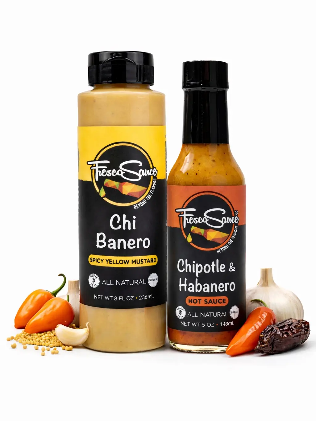 Fresco Sauce Habanero Duet - Mustard and Hot Sauce Pack - Chi Banero Spicy Yellow Mustard & Chipotle Habanero Hot Sauce - Mild & Hot Flavors - Perfect for Sandwiches & Burgers All Natural, Gluten Free, Vegan