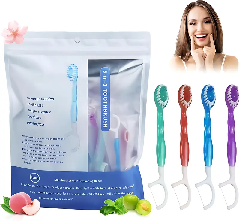 26-pack disposable mini toothbrushes with pre-applied toothpaste, adult travel size; includes tongue scraper, floss picks; for gym, bathroom, desk, car, emergencies, nighttime cleaning, date nights; Valentine’s Day gift