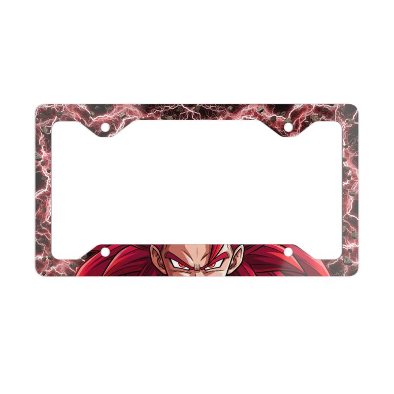 Angry Anime Warrior Metal License Plate Frame Red Lightning Accent Glossy Aluminum Full Color Print 12.3x6.5 Inch
