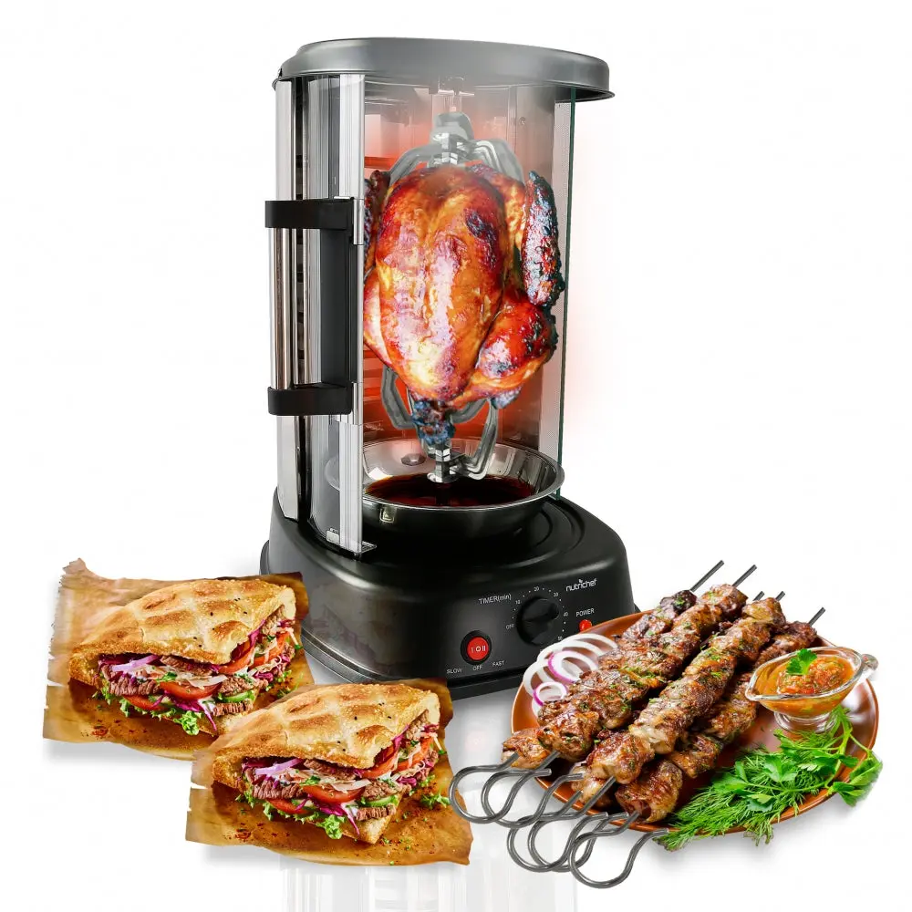 110V 1500W Power Corded Vertical Rotisserie Oven - 22QT Countertop Kebab Cooker with 7 Skewers, 11.1''x13.1''x17.7'' Size, Tempered Glass Door, Adjustable Timer Setting, Auto Power Off Safety Function, Grease Drip Tray, Energy Efficient Kitchen Appliance,
