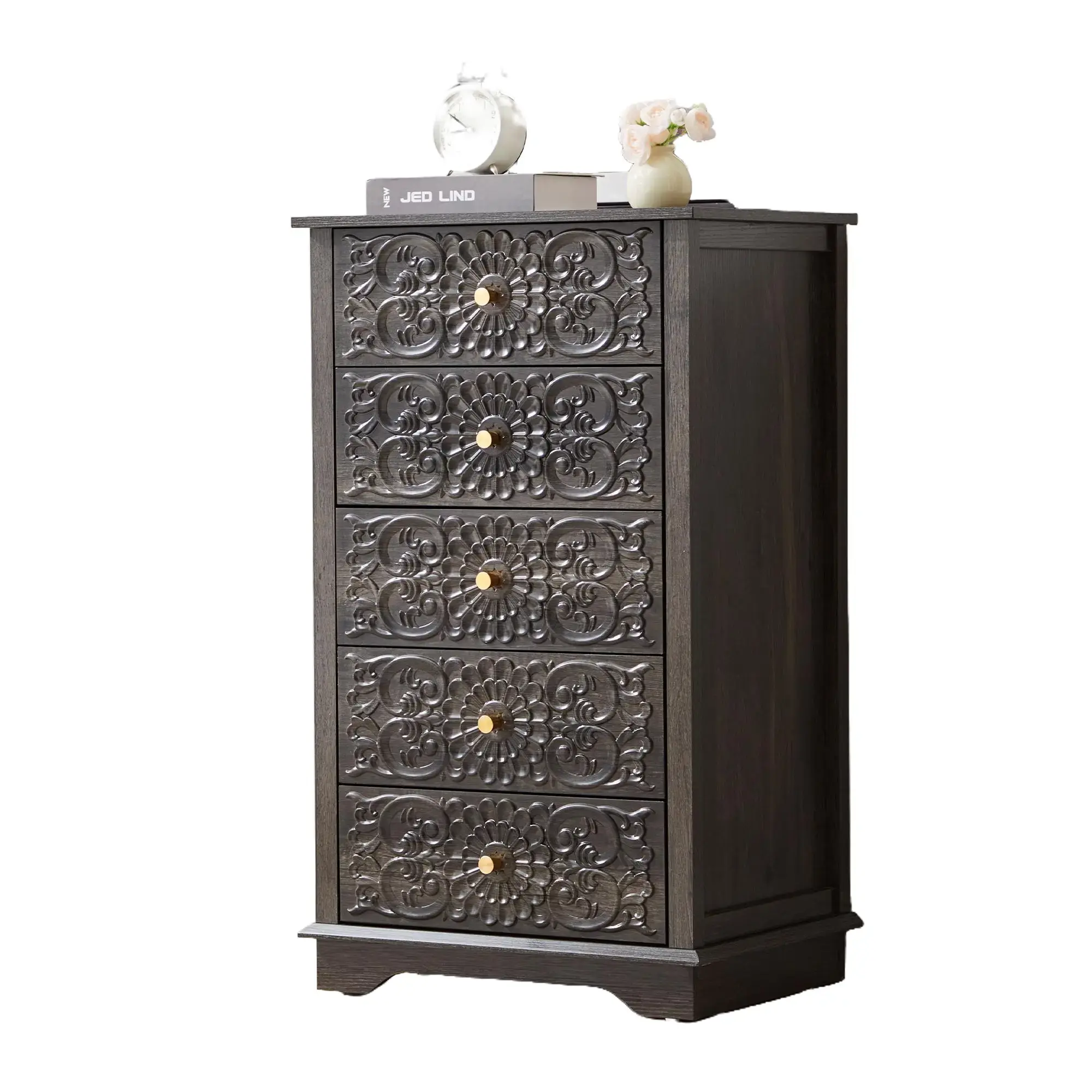 Giratree 5 Drawer Narrow Dresser for Bedroom, Slim Floral Carved Chest of Drawers with Gold Handles, Small Wooden Storage Cabinet for Entryway, Hallway, Apartment - TikTok Shop Giratree 5 Drawer Narrow Dresser for Bedroom, Slim Floral Carved Chest of Drawers with Gold Handles, Small Wooden Storage Cabinet for Entryway, Hallway, Apartment - TikTok Shop