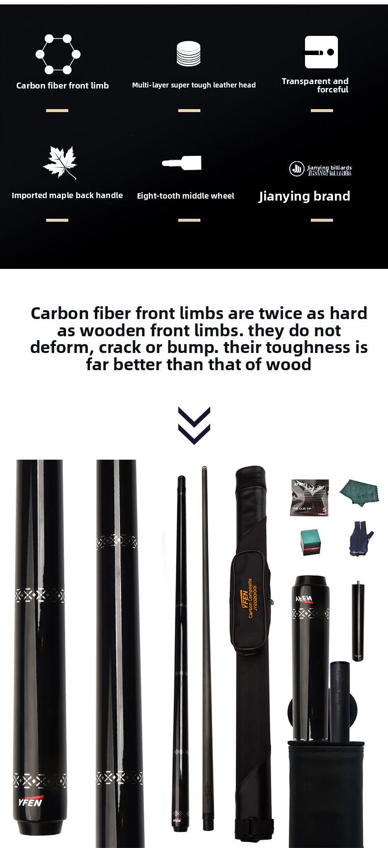 JIANYING Yfen Carbon Fiber 1/2 Billiard Cue 58-inch 11.8mm Tip with Case Leather Tip Gloves Towel Chalk for Home Club Use Comes with cue case + leather tip + gloves + towel +  chalk