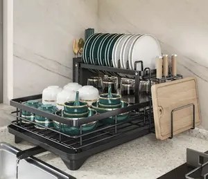 Black 2-Tier Dish Drying Rack for Kitchen Counter, Large Capacity Rustproof Steel Organizer with Drainboard, Utensil Holder, Cup Holder & Cutting Board Slot, wine glass stainless dish drainer, potrack, holodays deals, fork knife space-saving solution