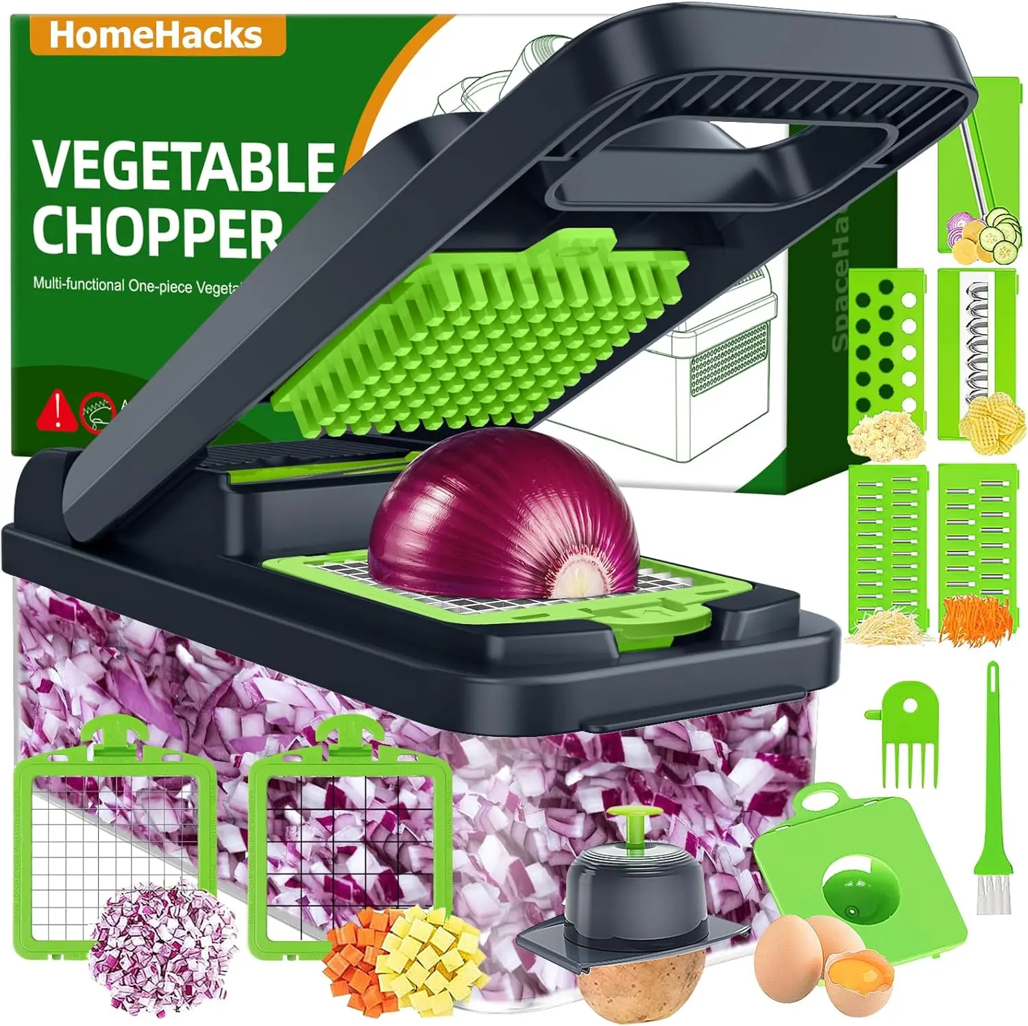 HOMEHACKS 12-in-1 Plastic & Stainless Steel Kitchen Utensils Vegetable Chopper - Dicer, Slicer, Onion Cutter, Salad Prep Tool, Cheese Grater, Egg Separator, Handle Lid Scraper (Green)