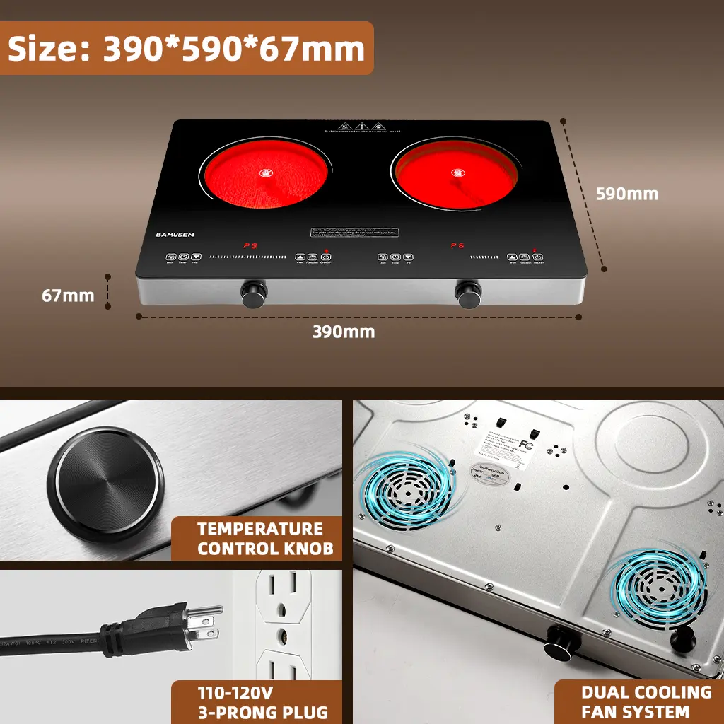 BAMUSEN Household Portable Electronic Induction Cooktop - 1500W Double Burners, Knob & Touch Controls, 9-Level Adjustable Temperature, Child Safety Lock, Compatible with Casserole, Stainless Steel Pan, Copper Cookware, Induction Stoves for Kitchens, Recta
