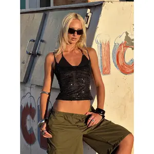 Odena Layered Sequin Cami Top Black