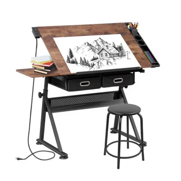 Zenstyle Adjustable Retro Wood Durable Workstation - 132lb Craft Work Desk with Large Surface, Tiltable Tabletop, Charging Station, Drawers, Adjustable Desk Mount, Practical Desktop Stand and Stool