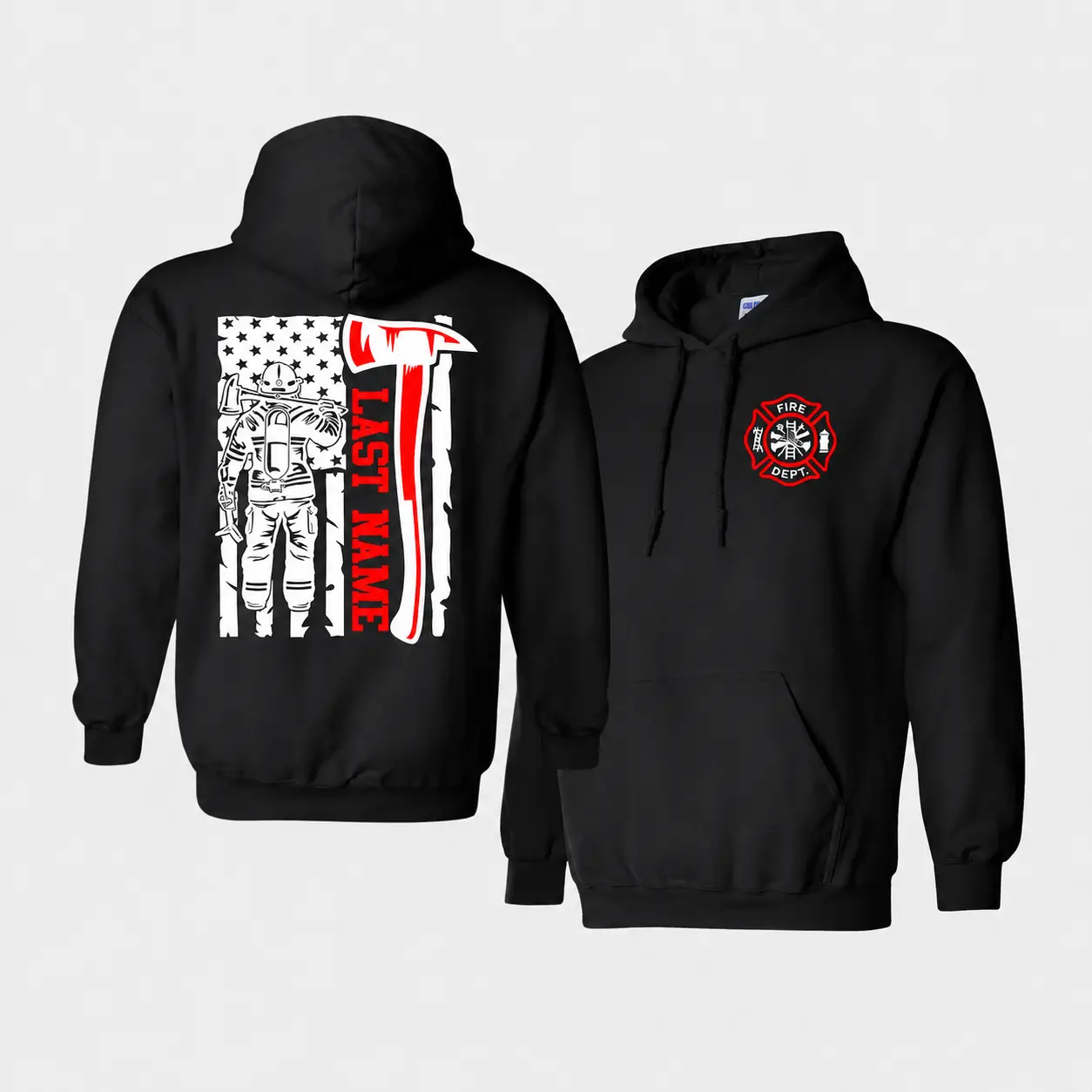 Personalized Firefighter Hoodie, Custom Last Name Fire Dept Sweatshirt, Firefighter Gift, First Responder Hoodie, Red Line Flag Hoodie