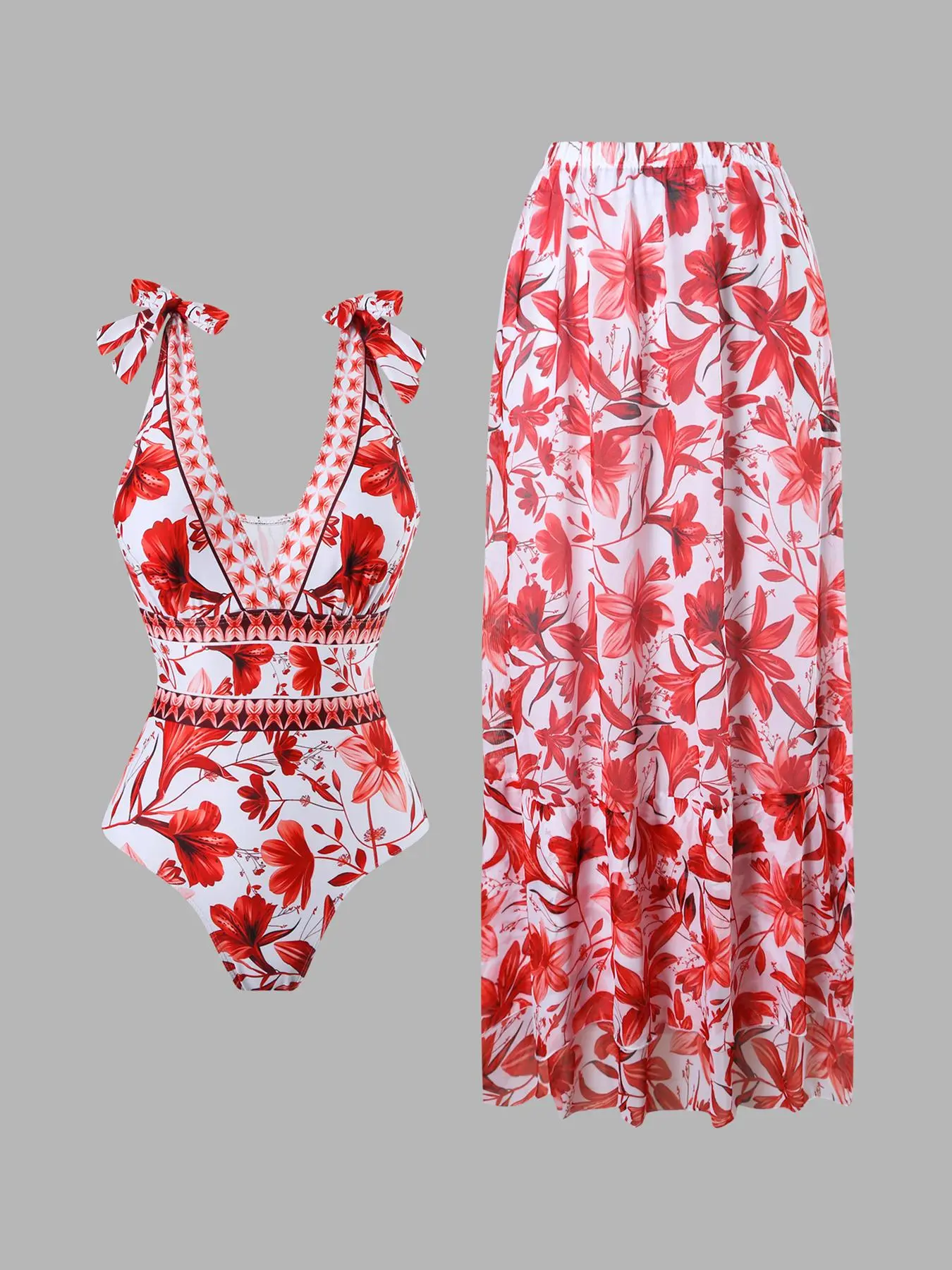 Women's All Over Floral Print Slim-Fit Tie Shoulder Backless One-Piece Swimsuit & Ruffle Hem Cover-Up Skirt Set, Casual Fashion Chic Swimwear Set for Beach Holiday Vacation, Ladies Swimsuit for Summer Bathing Suit Cover Ups Swimwear Coverups